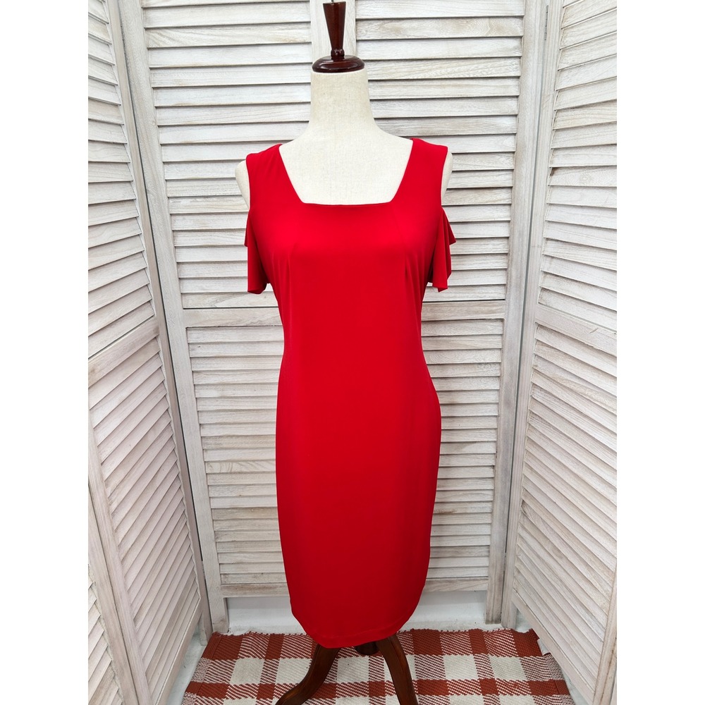Calvin Klein Bright Red Sheath Dress Size 8 Stretchy Fitted Cold Shoulder Cutout